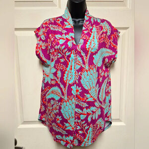 Soft Surroundings Purple Turquoise Floral Twilight Luau Printed Tunic Top Sm